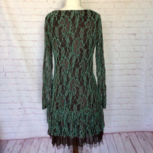 A’Reve Mint and Brown Floral Lace Tulle Long Sleeve Dress - Size Medium - Picture 5 of 9